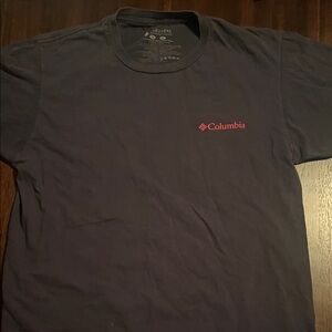 Columbia Navy Short Sleeve Tee with Red Logo And Mountains on the back